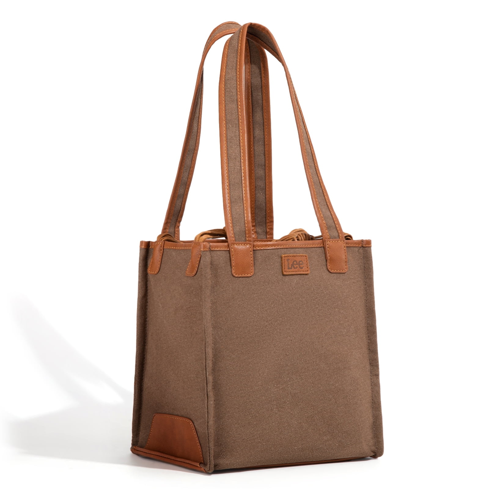 Lee Canvas Tote Bag for Women Work Purse with Pockets and Compartments, Square Shoulder Satchel Handbags, Coffee